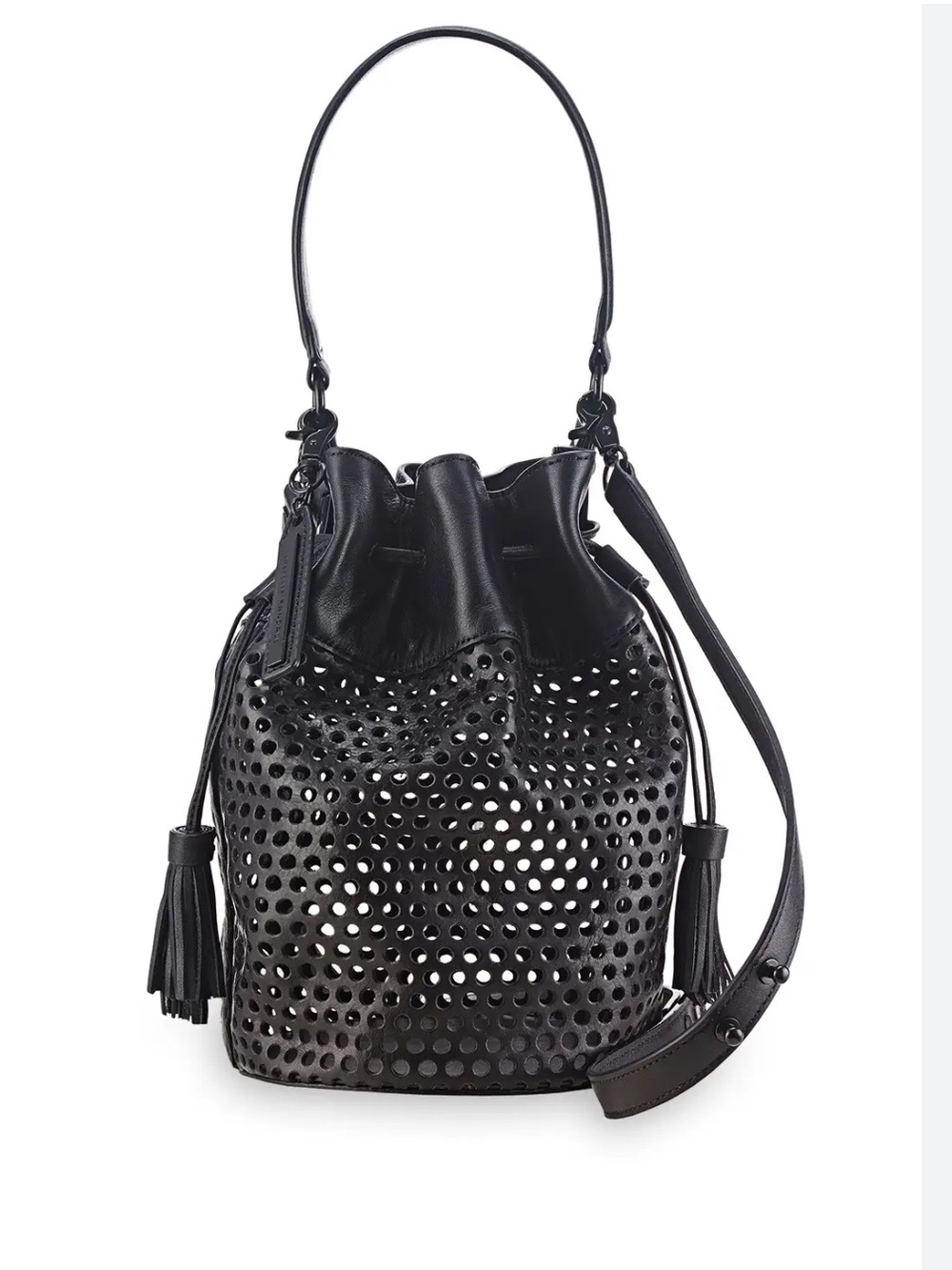 Loeffler Randall Black Industry Perforated Leather Drawstring Bucket Bag Tassels